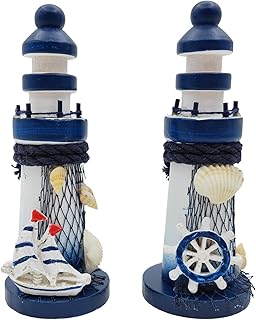 AzsVbvs 2 PCS Mini Lighthouse Decor, Handcrafted Wooden Miniature Lighthouse Model, Mediterranean Style Ornament, Ocean Tabletop Light House Decorations for Home