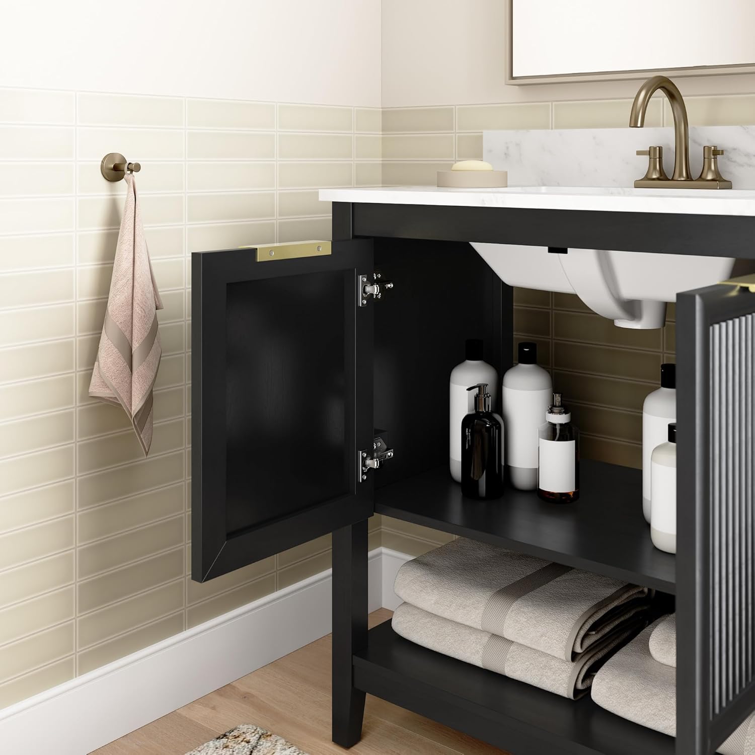 Bush Home 32-Inch Bathroom Vanity with Sink, Fluted Bathroom Cabinet with Faux Marble Basin and Backsplash, Freestanding Bathroom Storage Vanity, Faucet Not Included, Camille Collection, Onyx Birch