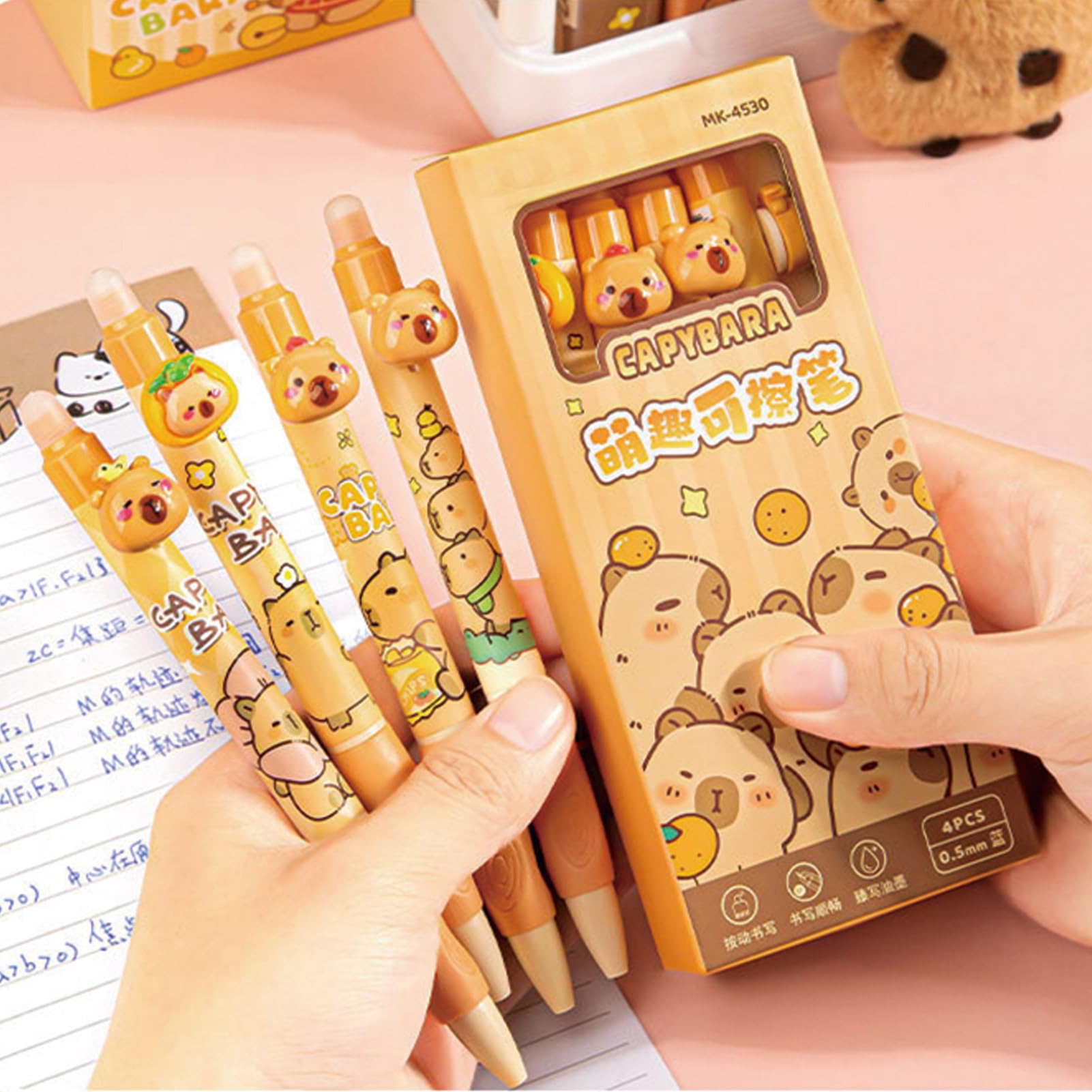 MOZXIRZ 4 penne gel cancellabili retrattili, a forma di capybara, punta fine da 0,5 mm, inchiostro blu, scrittura liscia, per donne, ragazze, ragazzi, ufficio e scuola (inchiostro blu capibara)