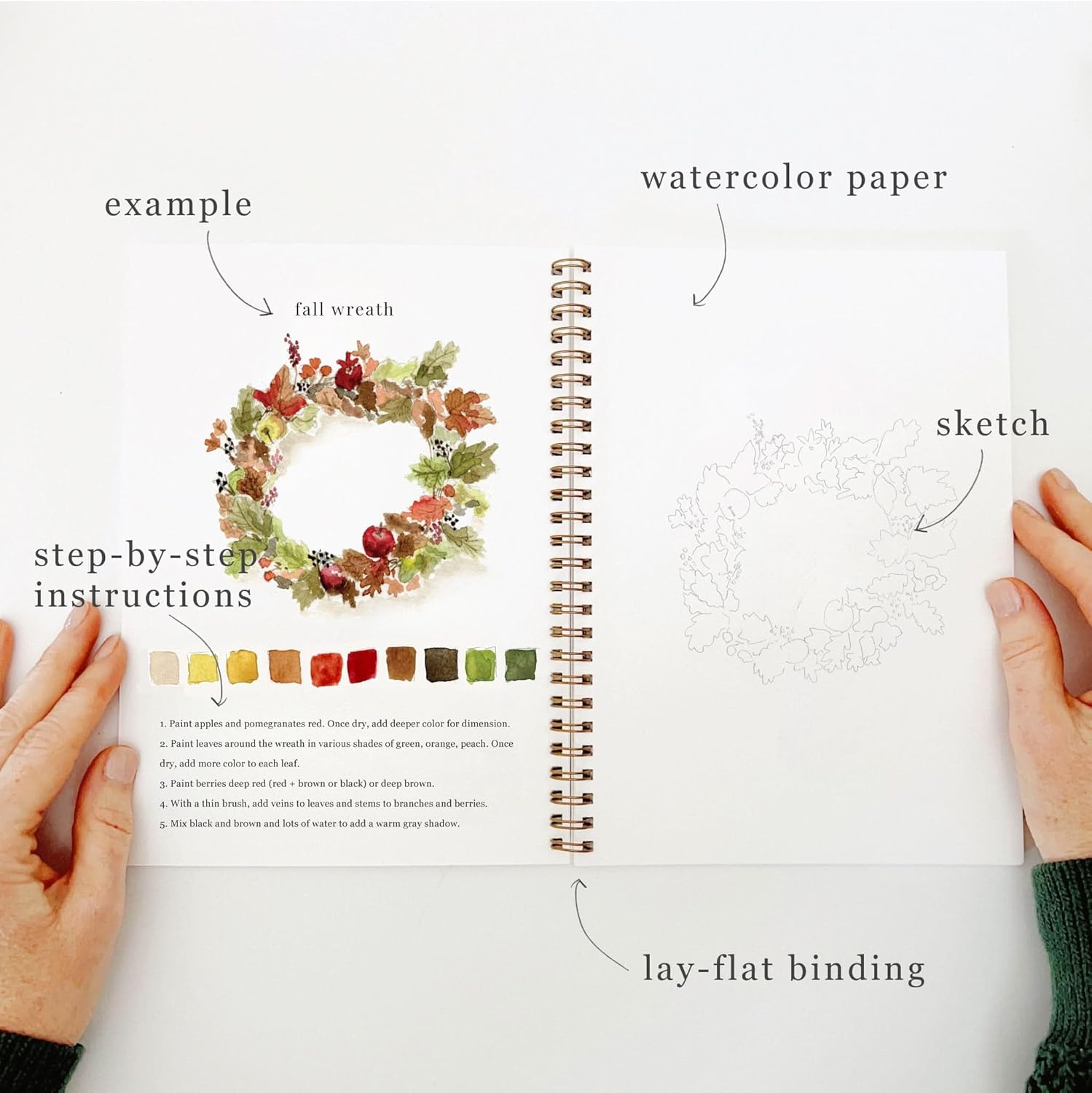 Autumn Watercolor Workbook by Emily Lex Studio, 12 Beginner Friendly Sketched Illustrations, Lay Flat Spiral Pages, 6.5 x 9 inch, 120lb Watercolor Paper