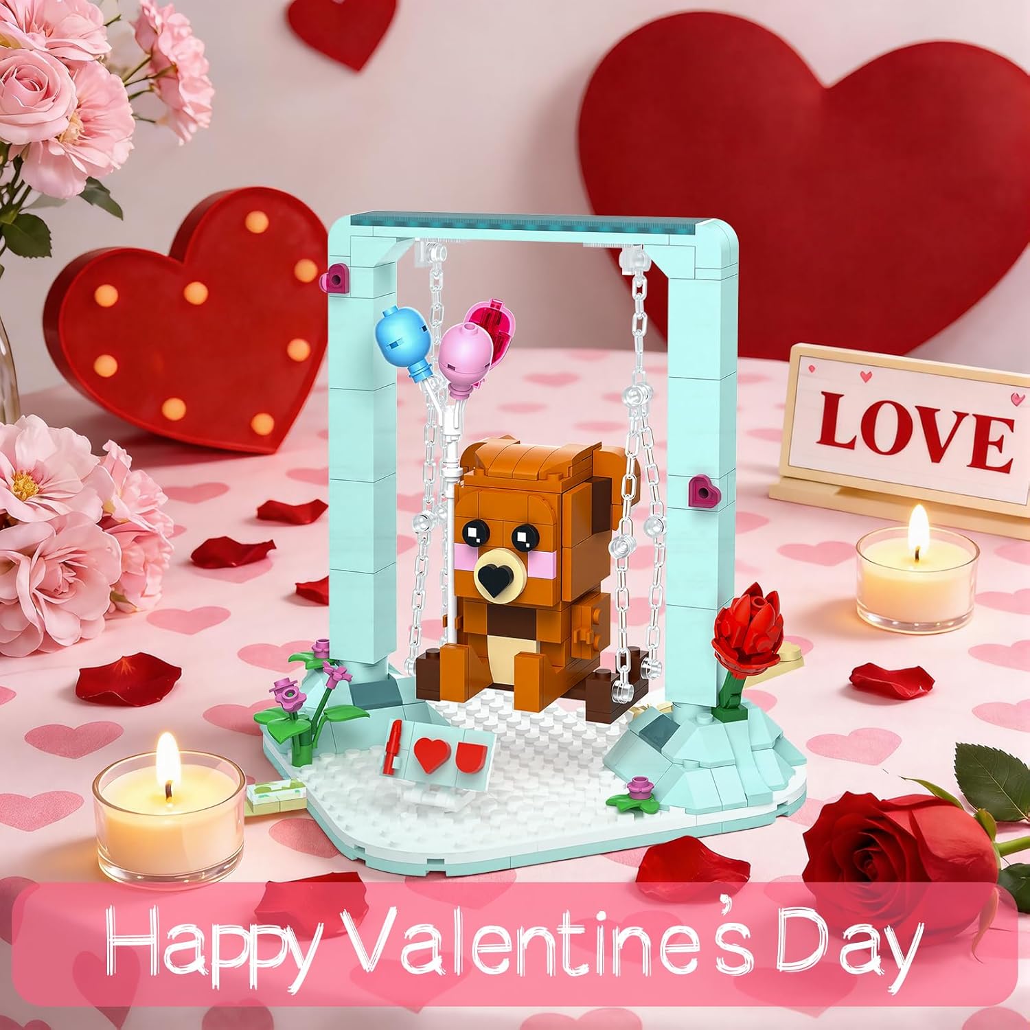 Nubee Valentine’s Brown Bear Building Toys Compatible for Lego, Cute Swing Bears Building Sets with Heart, Flowers, I Love You, Cupid's Arrow, Birthday Valentine Gifts for Boys Girls Aged 8+