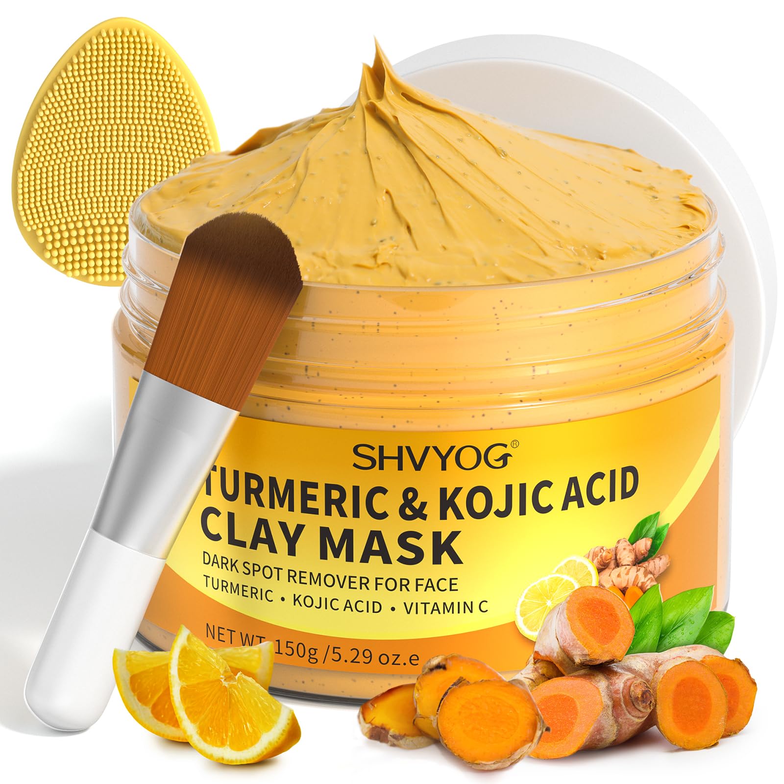 Turmeric & Kojic Acid Clay Mask, VC Brightening Clay Facial Mask with Kojic Acid and Turmeric for Dark Spots, Deep Cleansing & Moisturizing Mask for Controlling Acne, Oil and Refining Pores, 5.29 oz