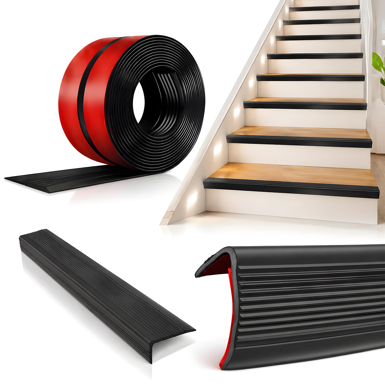 Nez de Marche Antidérapant Adhésif 12m,Caoutchouc Épaissi 2mm Profilé en L pour Escaliers,Imperméable Résistant aux Intempéries Installation Facile,Intérieur Extérieur pour Enfants Personnes ÂgéesNoir