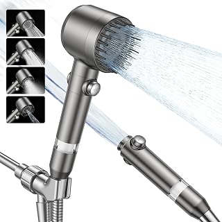 Jomst Filtered High Pressure Shower Head with Handheld, 4 Spray Modes, ON/OFF Switch, Pet-Friendly Power Wash & Stainless Hose