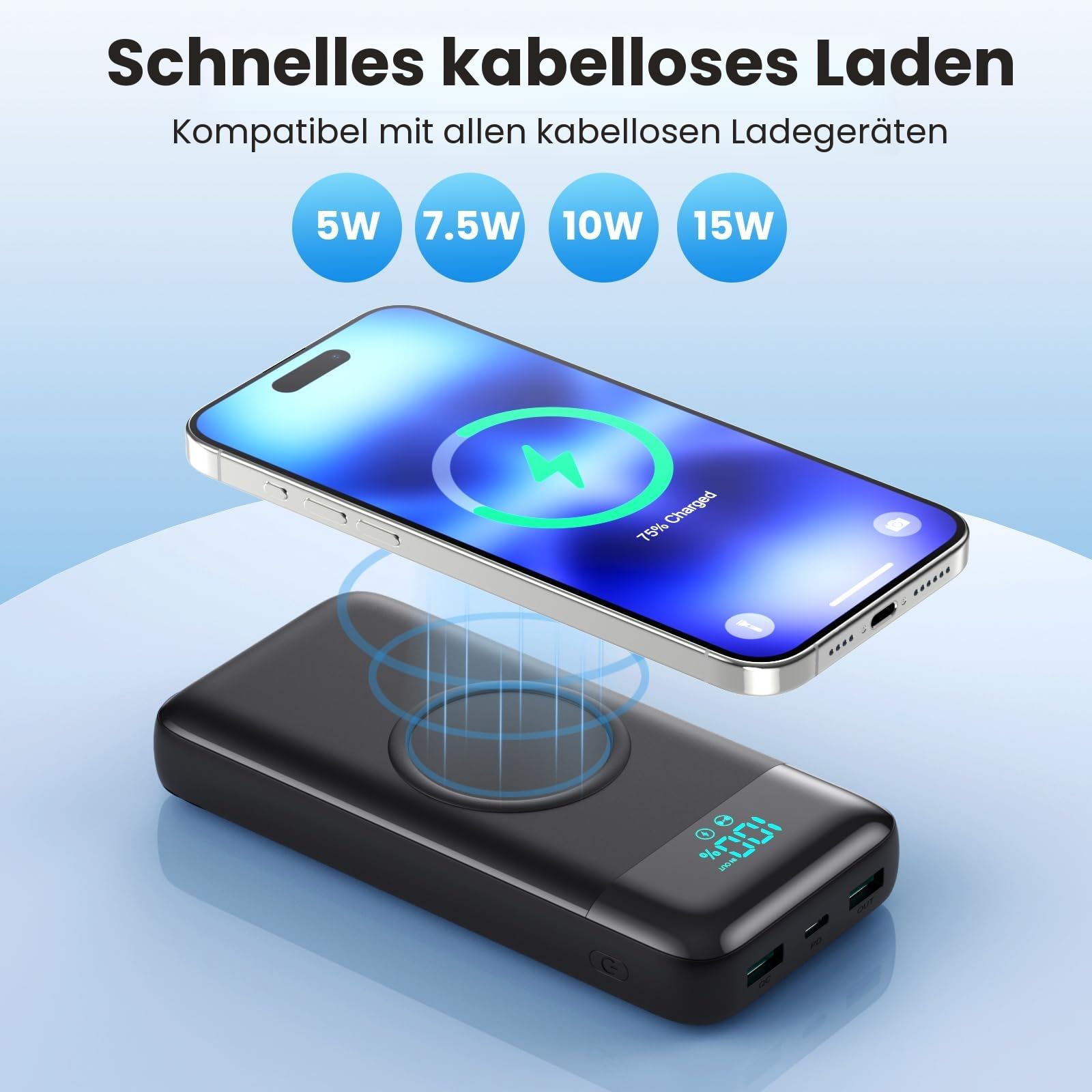 Wireless Power Bank 26800mAh mit 3 Kabel, 7 in 1 25W PD3.0+QC4.0 Schnellladen USB C Powerbank, 6 Ausgängen Externe Handyakkus mit LCD Display Kompatibel mit iPhone17/16/15/14 Huawei Samsung