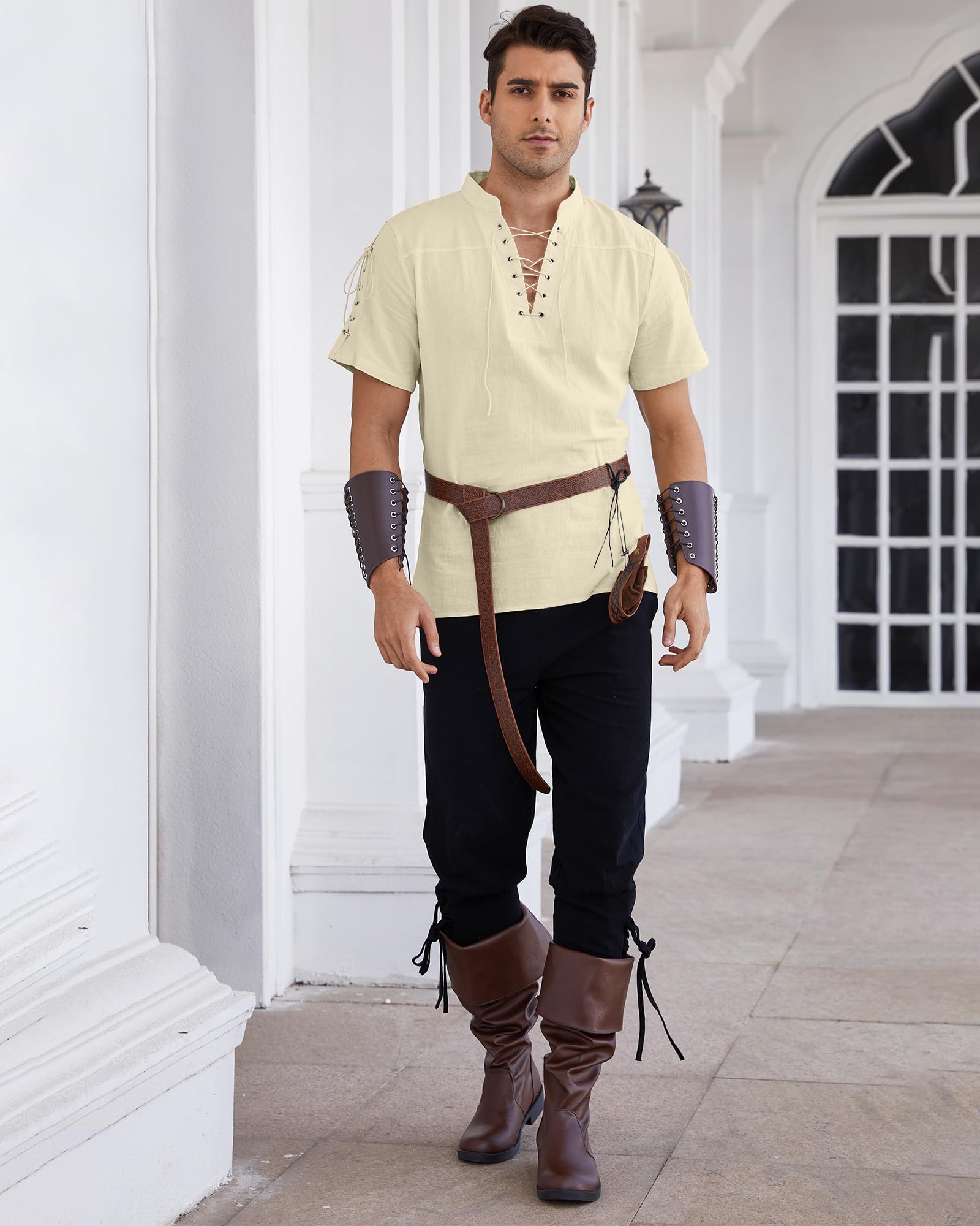 YAOBAOLE Chemise a Manche Courte en Coton Lin pour Homme, Vintage Médiévale Vétements Viking a Lacets Pirate Shirt
