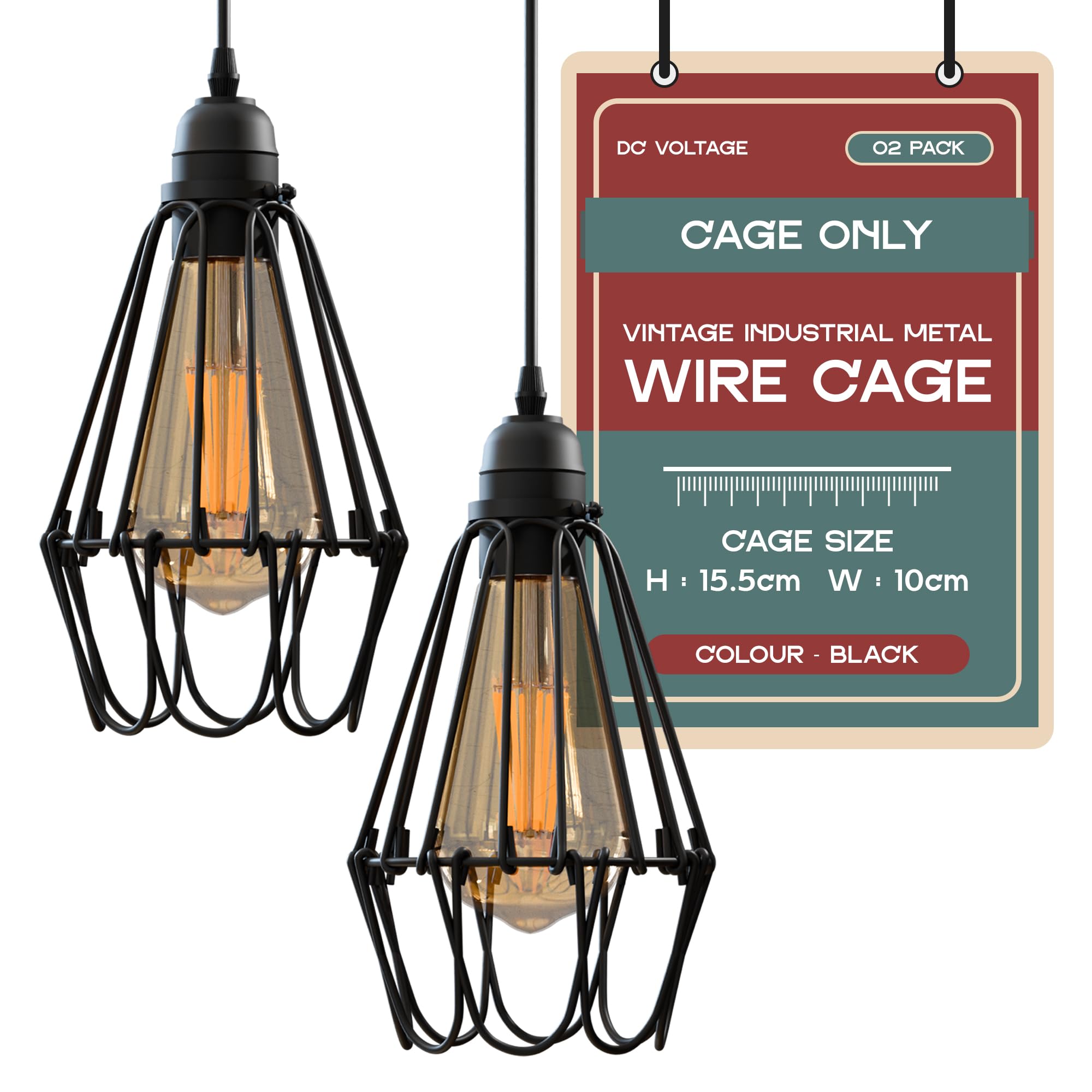 DC VOLTAGE Vintage Retro Cage Shades for Ceiling Light Pendant Lamp Shade 2 Pack Adjustable 10 cm Black Cage Metal Basket Fixture E27 Bulb Holder Open Close Design Easy Fitting