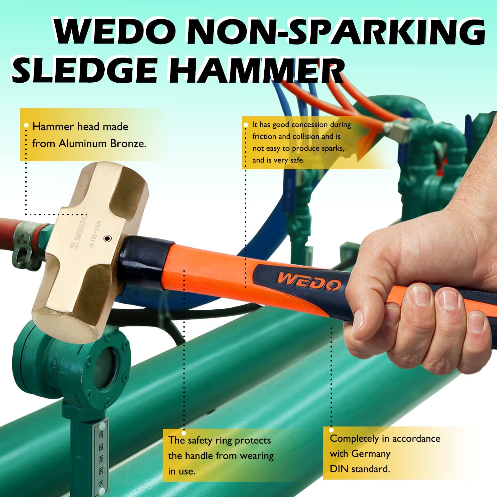 WEDO Martillo de trineo sin chispas con mango de fibra de vidrio, martillo antiexplosión, antideslizante, bronce de aluminio, BAM/FM/DIN estándar, 12,5", 450 x 310 mm