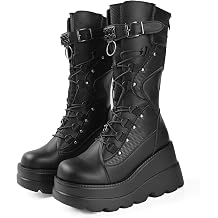 Gothniero Women Black Platform Goth Boots Knee High Chunky Heel Gothic Boot Women Black Combat Motorcycle Booties Round Toe with Zip 3UK-8UK