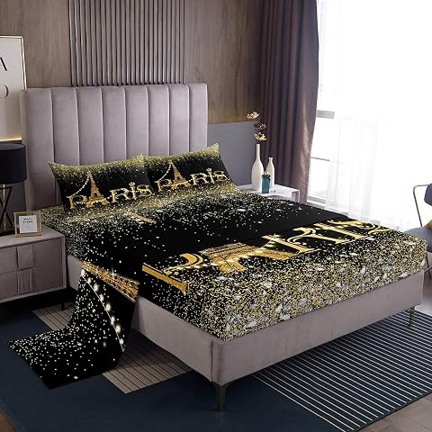 Black Golden Paris Bed Sheets Queen for Women Girly Glitter Eiffel Tower Sheet Set for Valentine Day Gift