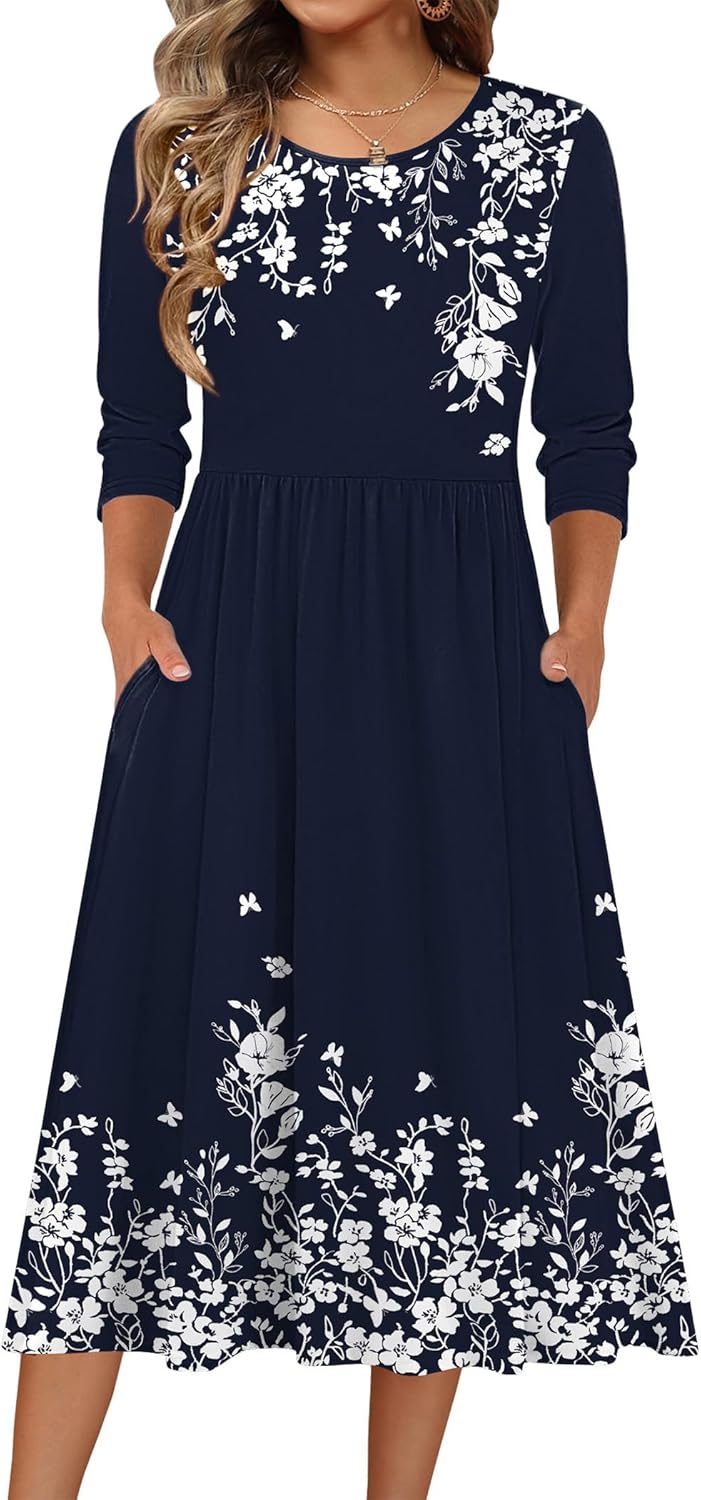 Zeagoo 3/4 Sleeve Women's Dress Casual Flowy A-Line Midi Tshirt Dresses with Pockets Crewneck Vocation Boho Beach Sundress