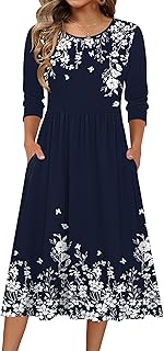 3/4 Sleeve Women's Dress Casual Flowy A-Line Midi Tshirt Dresses with Po...