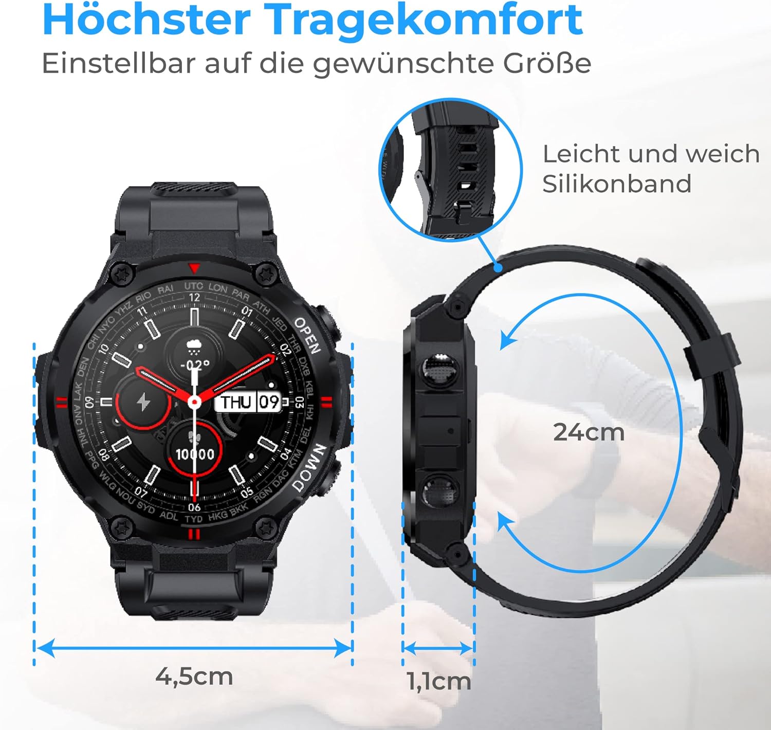 Nuvance K22 Smartwatch showing dimensions and comfortable silicone band