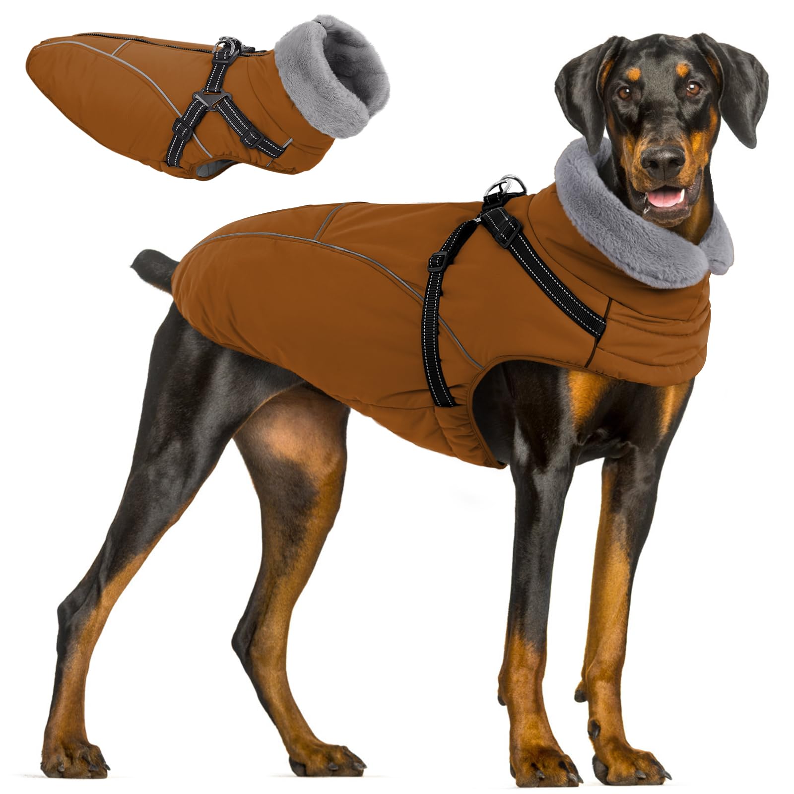 Queenmore XXL Dog Coats Waterproof With Harness Reflective Fleece Lined Pet Jacket Windproof Tear-resistance Outdoor Gear for Mastiff/Great Dane(Brown, 3XL) — image 1