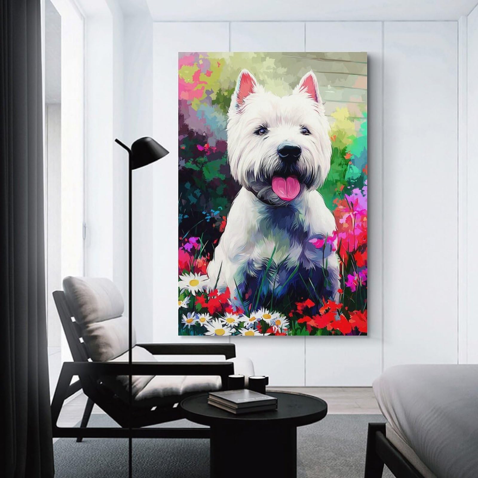 Junmoney Unframe-Floral Fantasy With White Dog Floral Fantasy With White Dog Canvas Art Print 24X36inch(60X90cm), For New Homes, Bedrooms Or Workspaces, Gift Idea For Housewarming And Birthdays