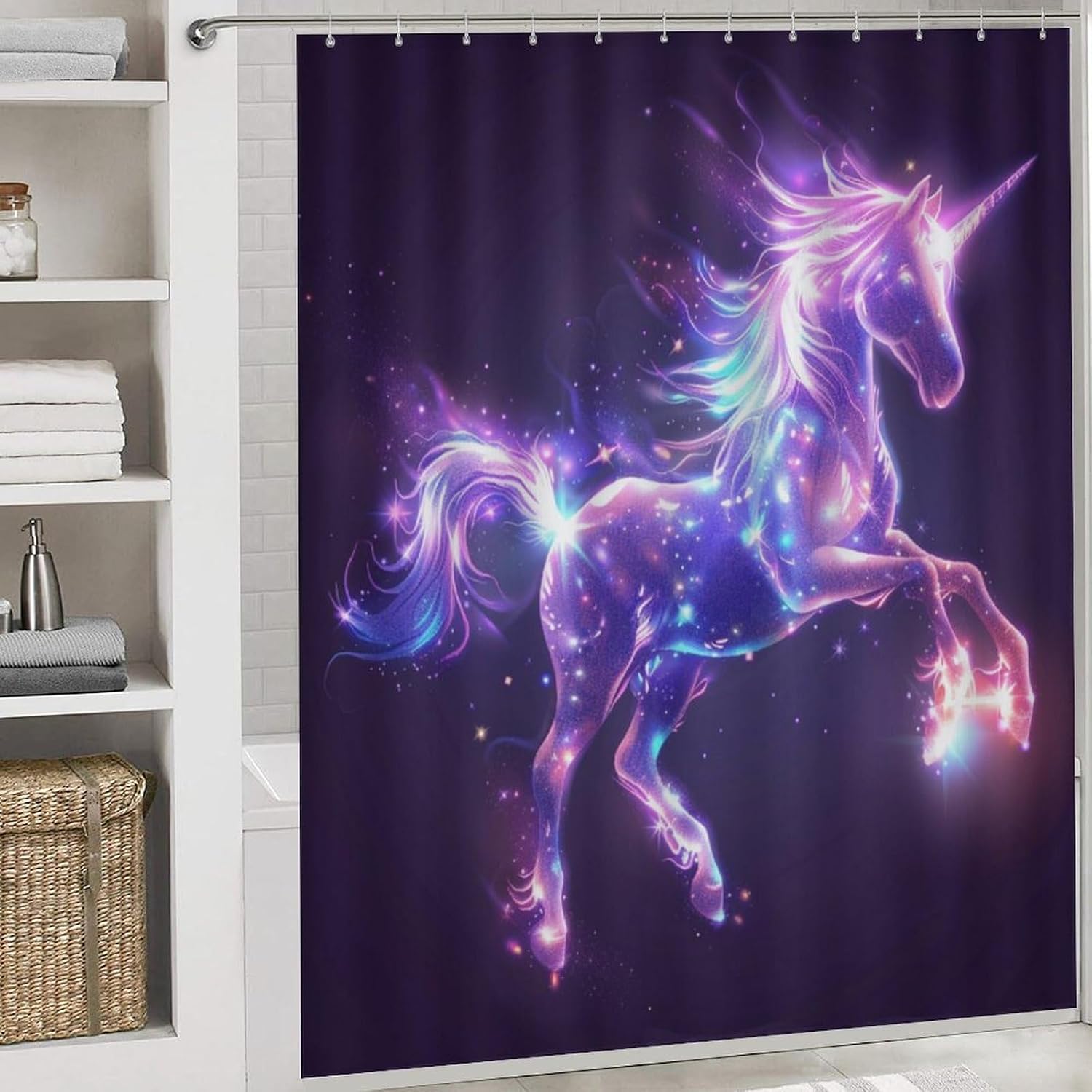 4 Piece Colorful Cartoon Unicorn Shower Curtain Set with Rugs, Fantasy Animal Abstract Include Bathroom Non-Slip Floor Mat, U-Shaped Bath Rug and Toilet Cover Lid with 12 Hooks