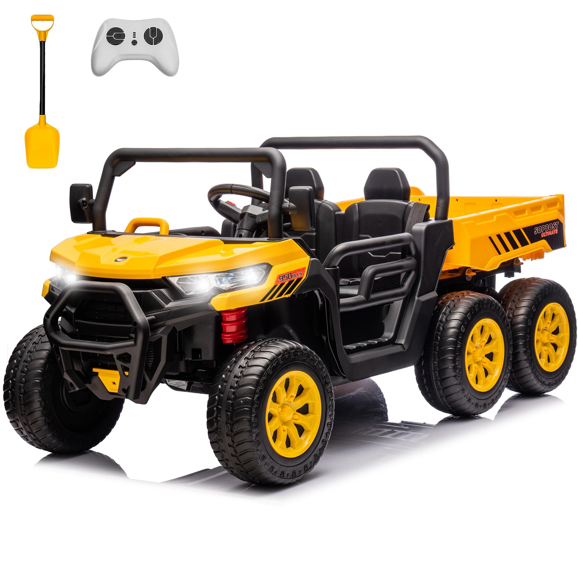 sopbost 2 Seater 24V Kids Ride On Truck with Electric Dump Bed, Extra Shovel, 4WD Battery Powered Ride On Toy Car with Remote Control, Music Play, EVA Tires Wheels, Yellow