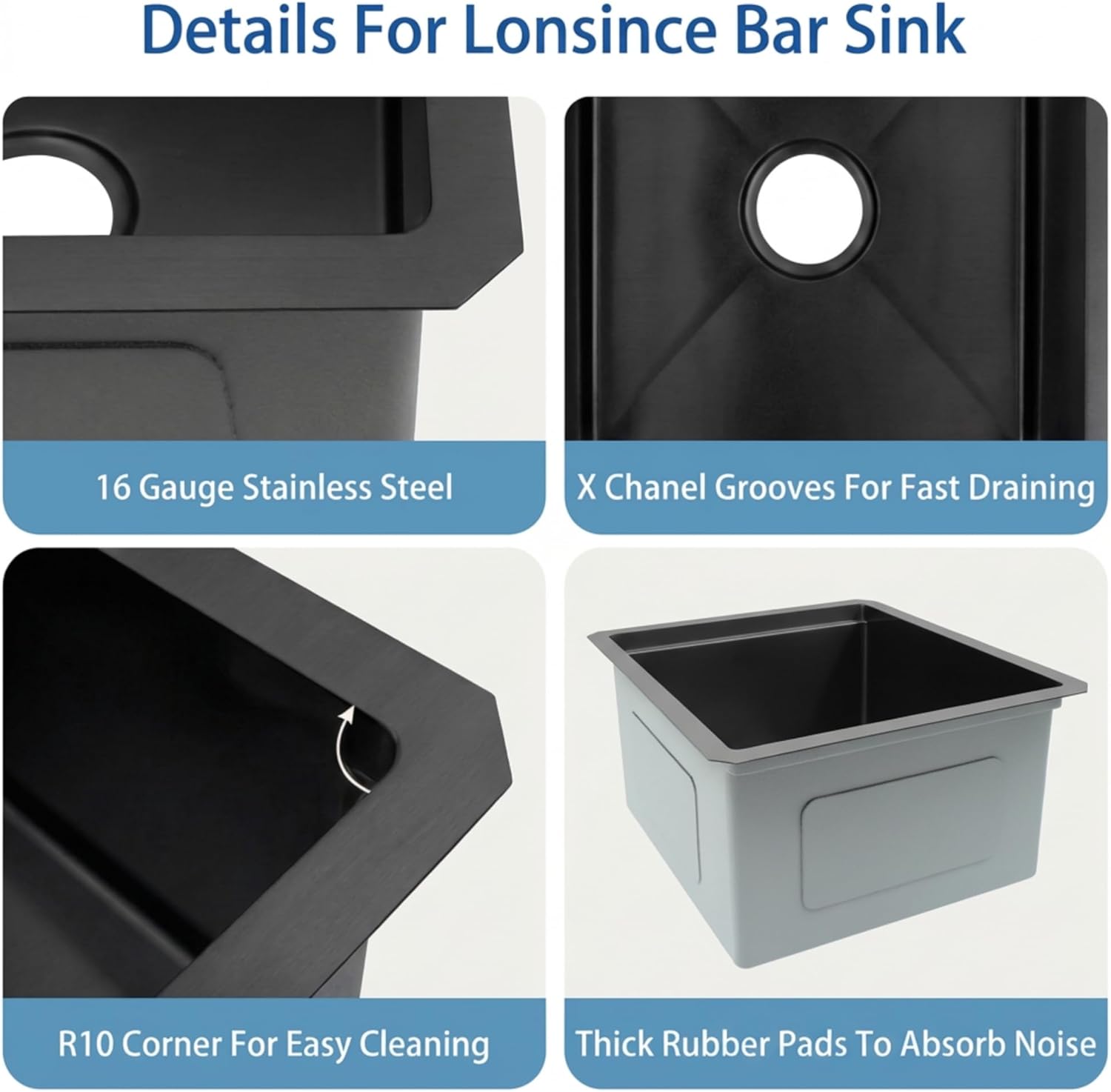 Black Bar Sink Undermount,Small Bar & Prep Sinks,16 gauge Stainless Steel Bar Sink with Workstation for Wet Bar Area (17" X 19")