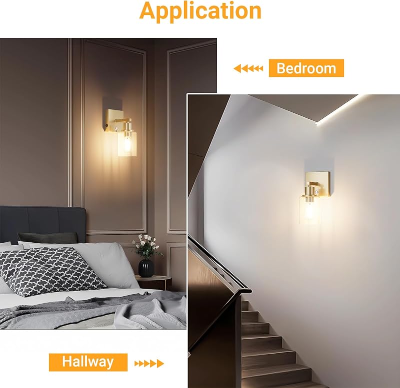 Klighten 6000 mAh Vezeték Nélküli Fali Lámpa Távirányítóval - 2 db Tölthető Arany Falikar Üveg Burával, 3000K Meleg Fehér LED, 500lm, Nappal
