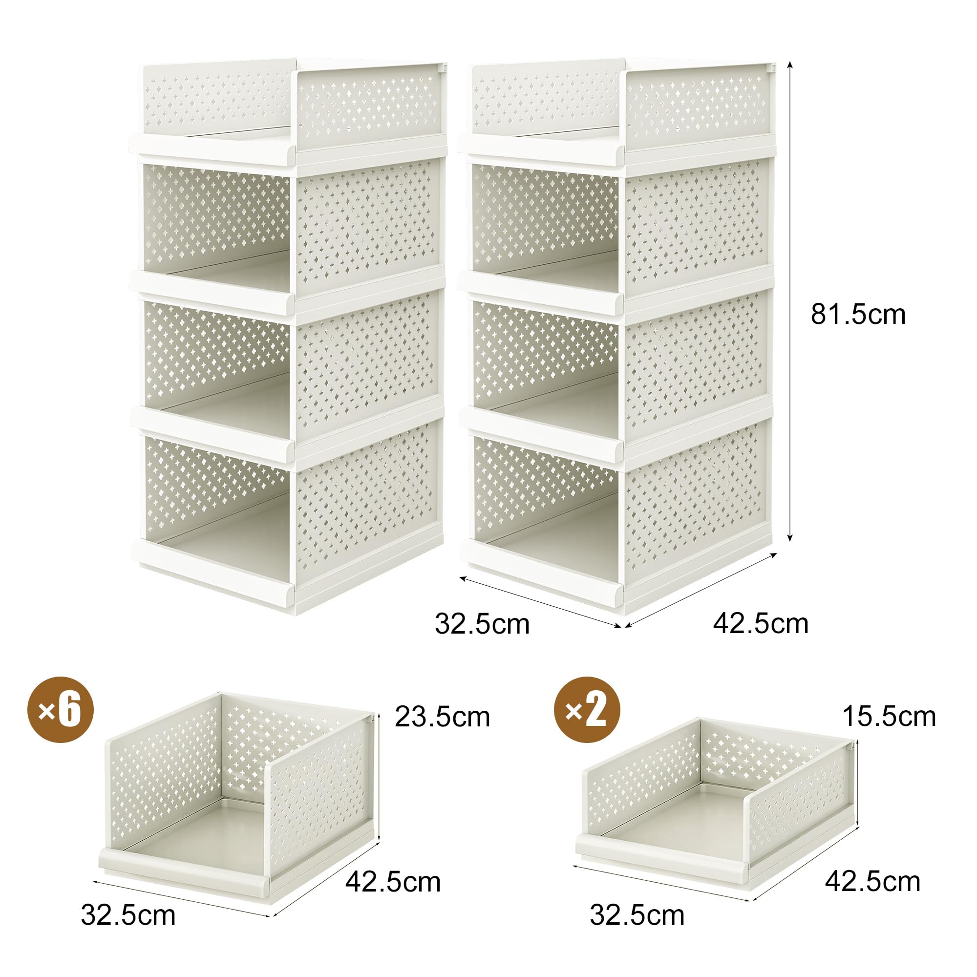 Schubladenregal Kunststoff Organizer, 8 Stuick, 163 cm | Stapelbares Regal Hoch für Bad, Küche & Büro (32,5cm B x 42,5cm T)