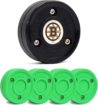 Green Biscuit Hockey Puck - 4 Pack Original Off Ice Hockey Pucks with 1 NHL Puck and GB Stickers - Official Street Hockey Puck to Improve Stickhandling and Passing Skills