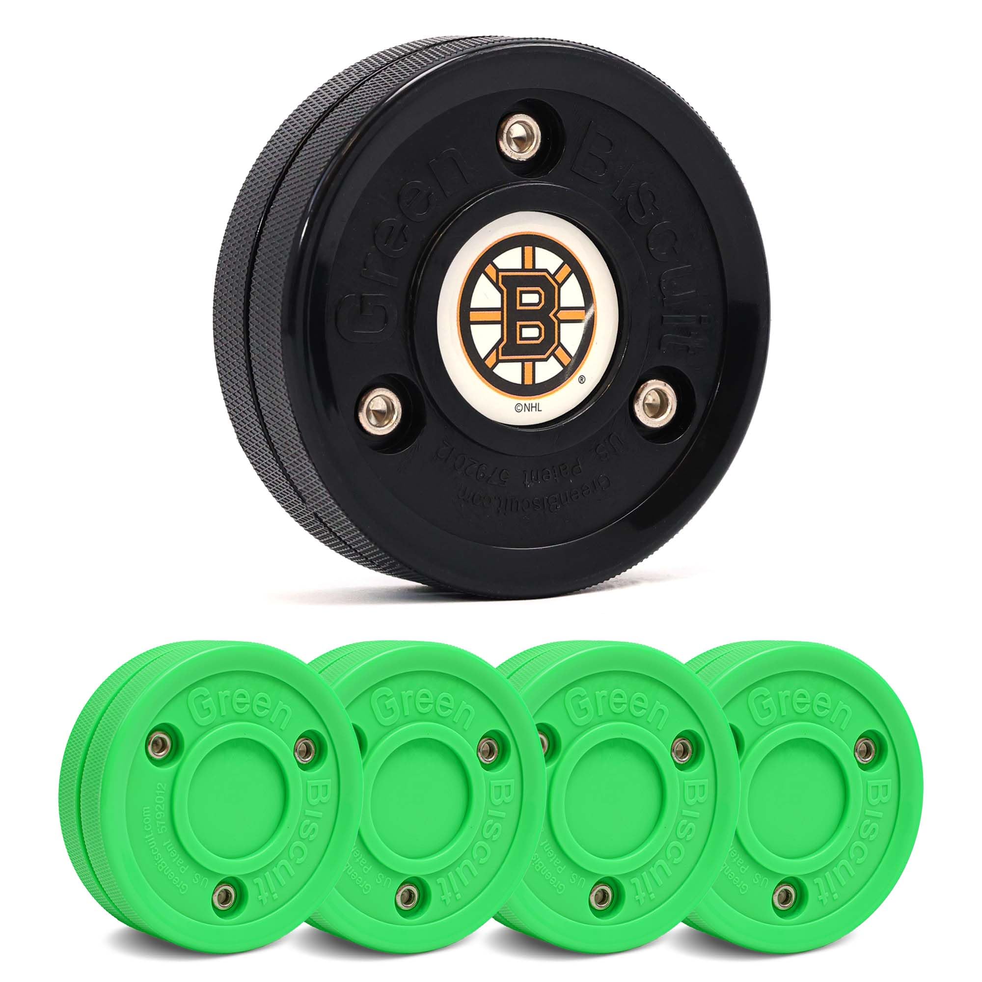 Green Biscuit Hockey Puck - 4 Pack Original Off Ice Hockey Pucks with 1 NHL Puck and GB Stickers - Official Street Hockey Puck to Improve Stickhandling and Passing Skills (Boston Bruins)