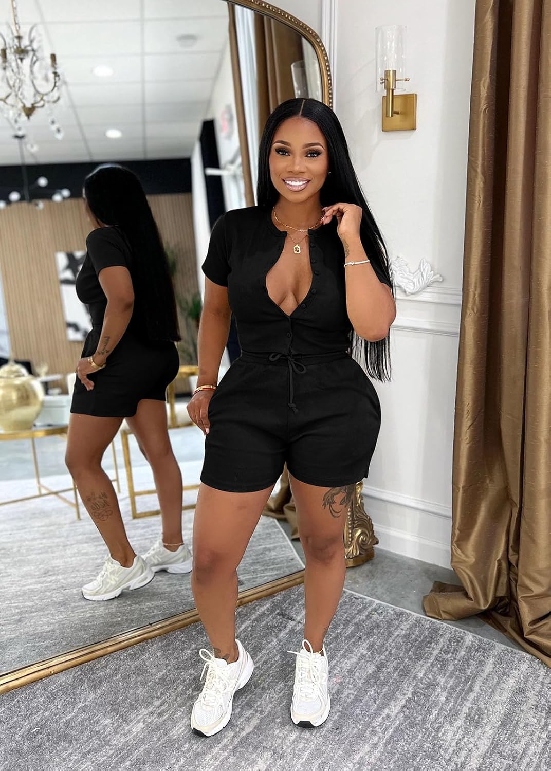 Vssjavun Women's 2 Piece Outfits Ribbed Knit Button Down Short Sleeve Top Bodycon Short Sets Matching Sets Loungewear - Image 3