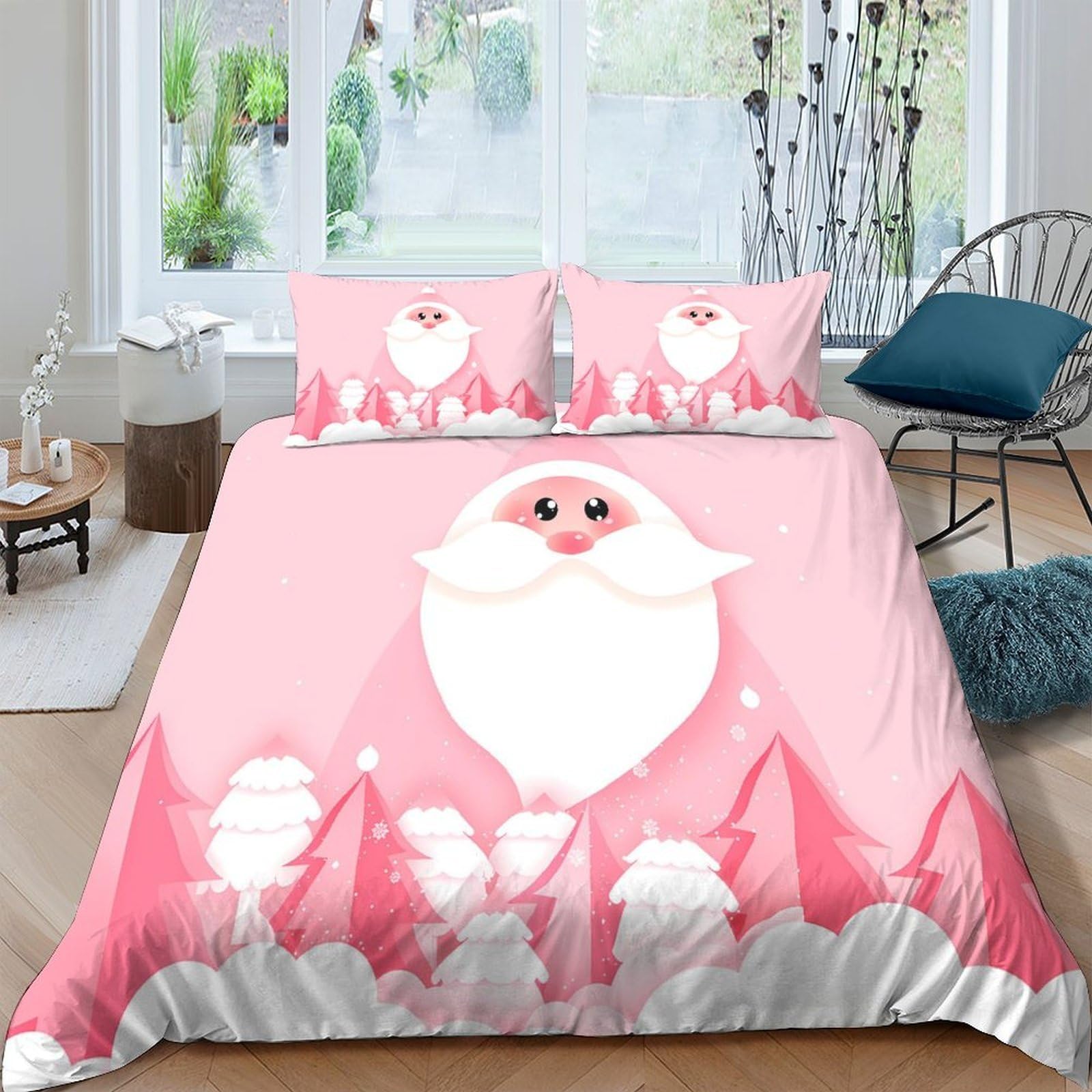 GPLZQXKJNH 3D Printed Pink Santa Claus Duvet Cover Microfiber Soft Breathable Snowy Forest Bedding Set with 2 Pillowcases for Bedroom Home Decor Single（135x200cm）