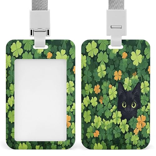 Clovers Black Cat Vertical Id Badge Holder with Lanyard for
