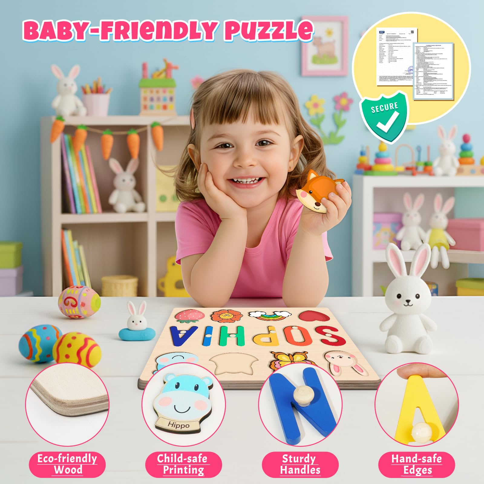 Personalized Name Puzzle for 1 Year Old Girl Gifts | Custom Wooden Baby Girl Gift with 54 Animal Art Sets | 2 st Birthday Gift for Girls,Personalized Baby Boy & Girl Gifts Keepsake