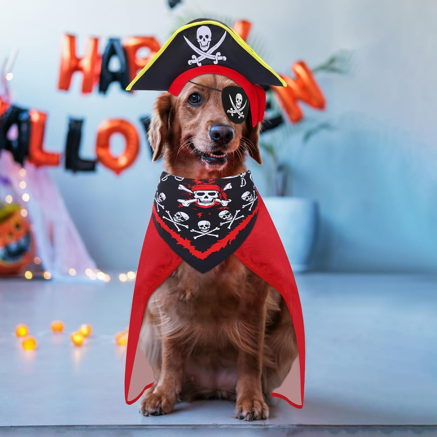 Huhumy 4 Pcs Dog Pirate Costume Set Dog Pirate Hat Pet Skull Triangle Bandana Puppy Cape and Eye Mask for Halloween Outfits Accessories(Red,Large)