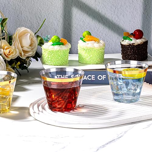 Miniatura 3 de WELLIFE 120 vasos de plástico dorados, vasos de plástico transparente de 9 onzas, vasos de vino desechables para fiestas