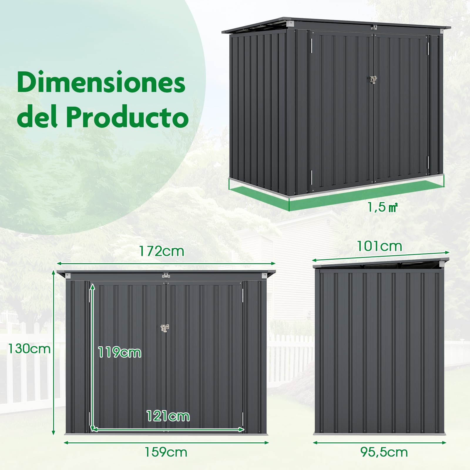 COSTWAY Caseta Jardin Exterior 1,5 ㎡, 2260L, 172x95,5x130 cm, Cobertizo Jardin Exterior, Tapa Abatible y 2 Puertas con Cerradura, Metal, Pistones de Gas, Techo Inlinado, Contenedores de Basura (Gris)