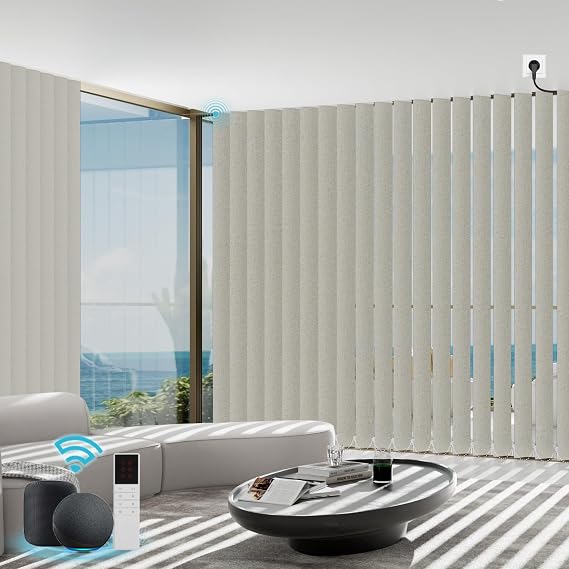 Motorized Vertical Blinds with Remote, Blackout Blind Compatible with Alexa Google Home,Electric Shades for Sliding Glass Doors Customize(Sparkling Light Beige)