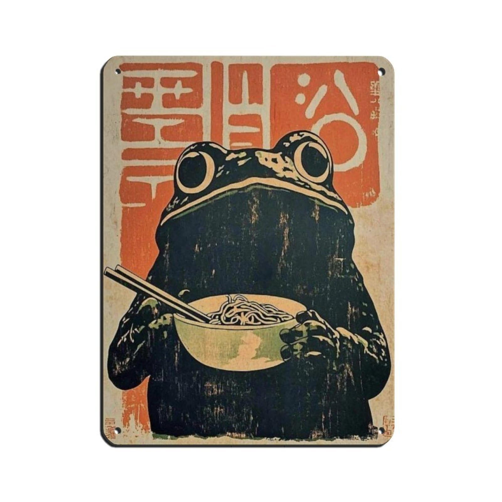 Lxwnze 30L X 40W Cm Retro Frog Ramen Poster, Retro Poster Metal Tin Sign Chic Art Retro Iron Painting Bar People Cave Cafe Family Garage Poster Wall Decoration 12X16inch(30X40cm)