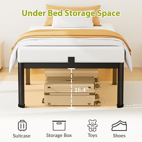 Miniatura 5 de Marco de cama de plataforma de metal de tamaño individual de 18 pulgadas con esquinas redondas, espacio de almacenamiento debajo del marco de cama