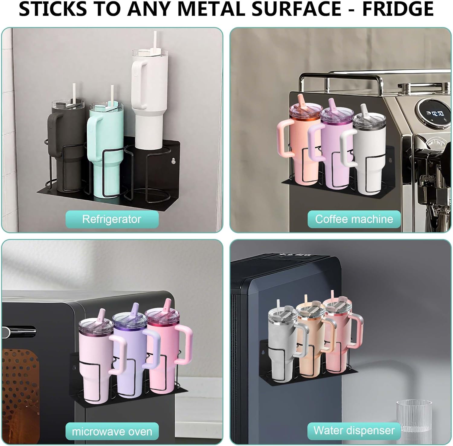 Stanley Fridge Magnetic Cup Holder (4-Piece Set) for Kitchen, 20-40 oz 6 Tumblers Water Bottles Organizers with 6-Hook & Lid Rack & Straw Holder, 2 Pack Black Accessory Storage for Bath Storage Room - Image 6