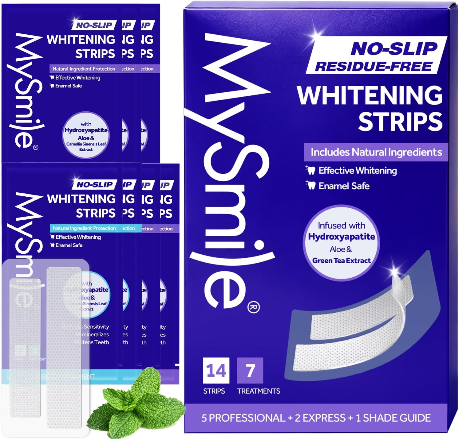 MySmile Teeth Whitening Strips 7 Treatments, Hydroxyapatite-Infused White Strips for Sensitive Teeth, Teeth Whitener with Enamel-Safe Formula, Non-Slip, Residue-Free Whitening Kit, Mint