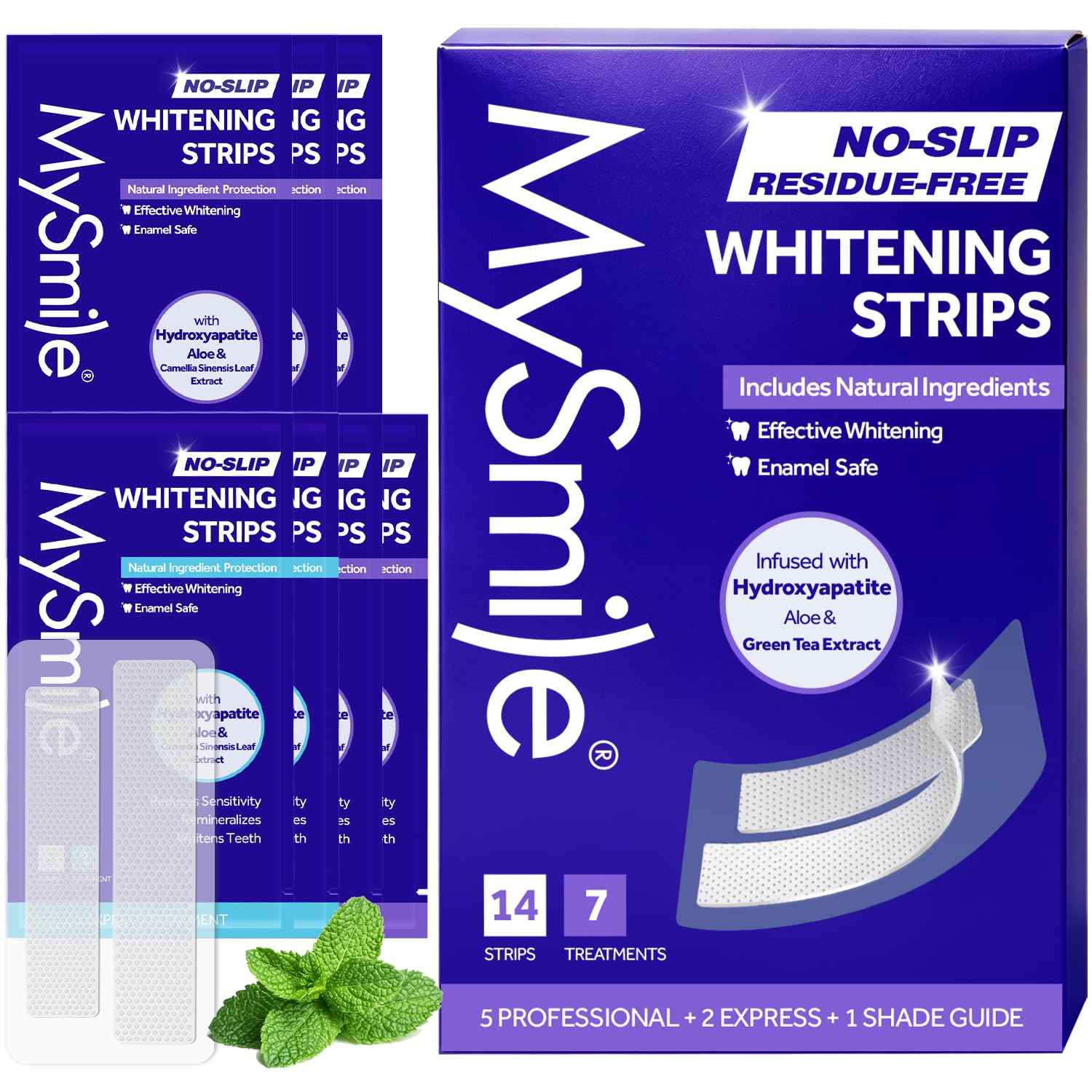 MySmile Teeth Whitening Strips 7 Treatments, Hydroxyapatite-Infused White Strips for Sensitive Teeth, Teeth Whitener with Enamel-Safe Formula, Non-Slip, Residue-Free Whitening Kit, Mint