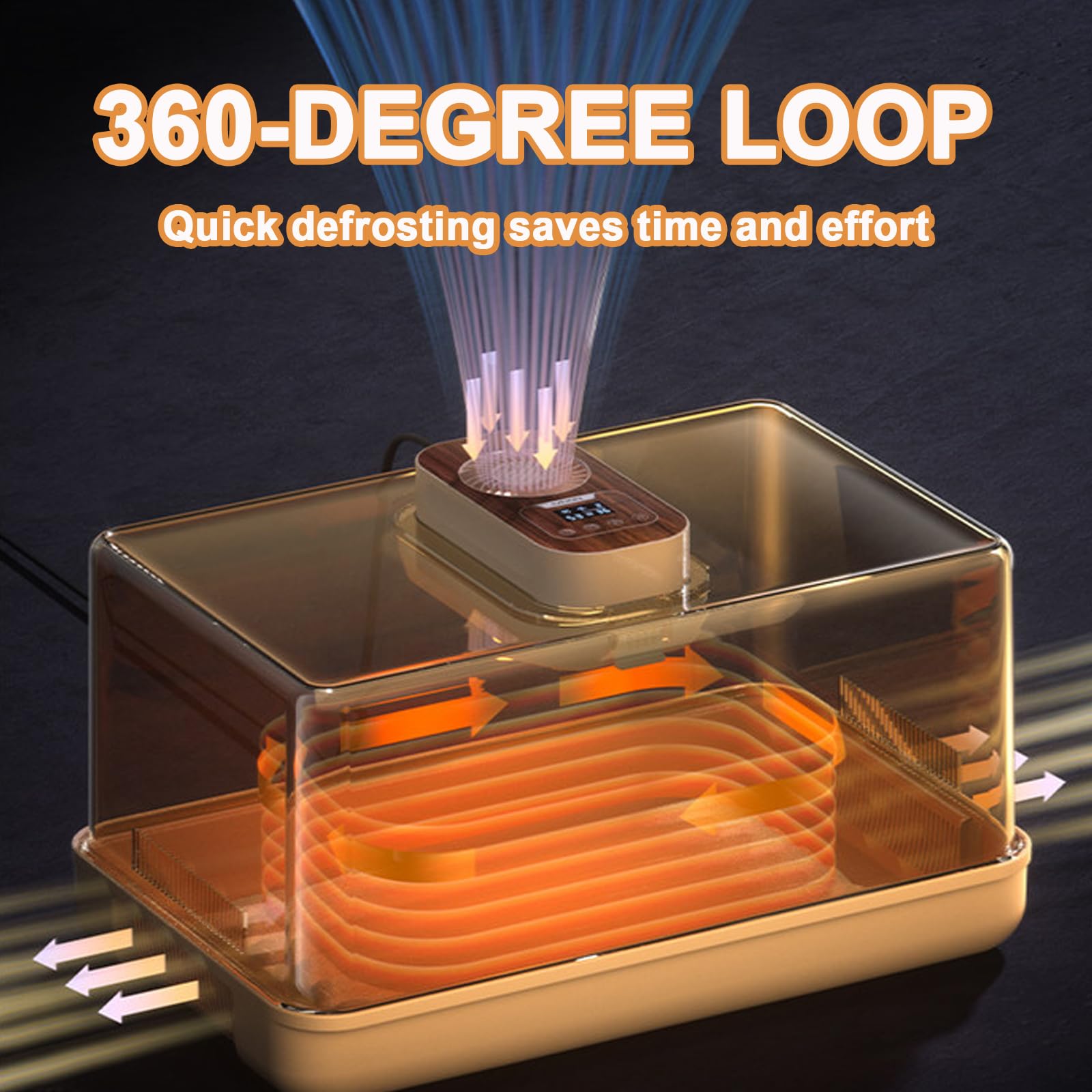 Vassoio per scongelare carne con coperchio, temperatura e velocità del vento regolabili, circolazione dell'aria calda a 360°, adatto per scongelare cibi surgelati e bistecche, efficiente scatola di