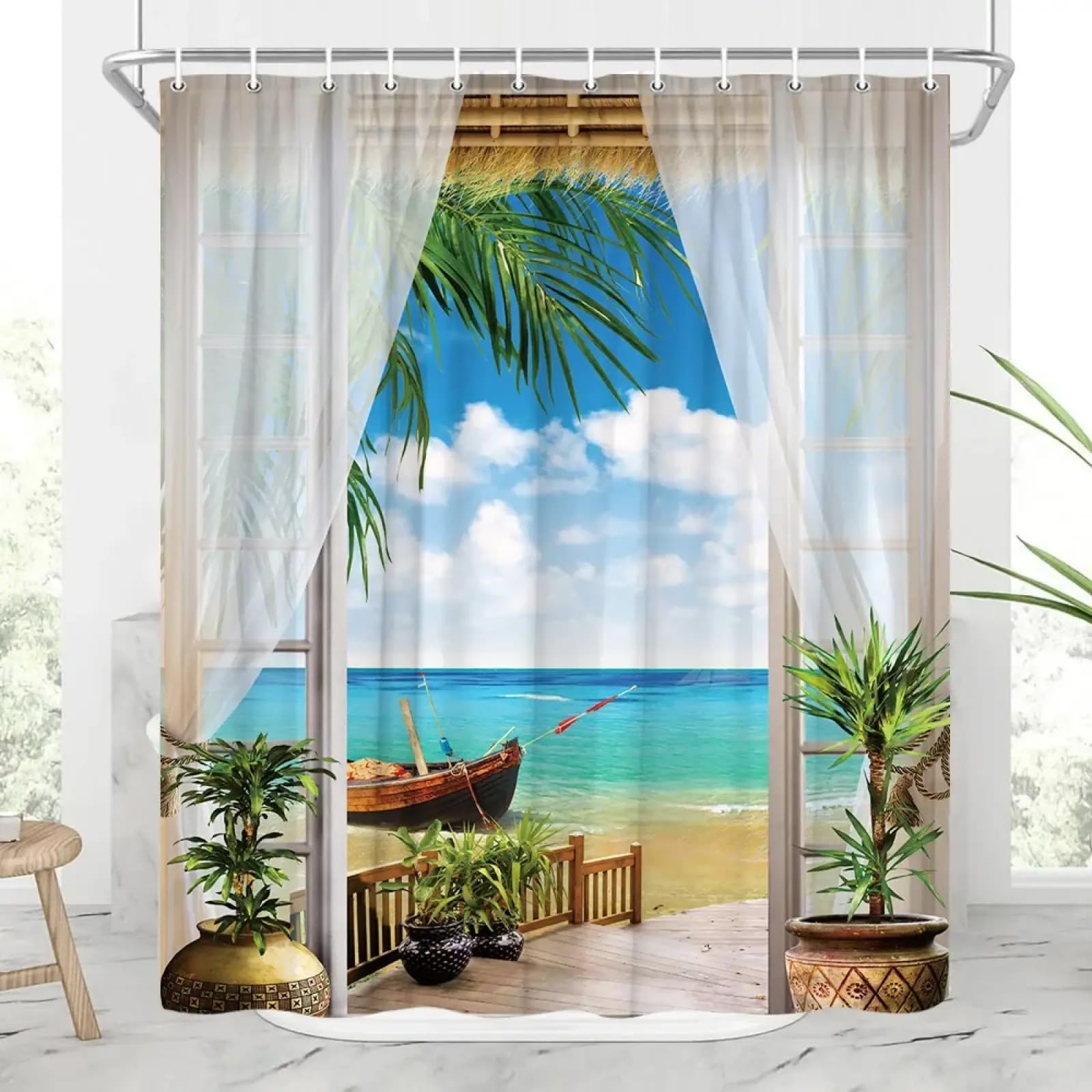 Rideau de douche anti moisissure paysage tropical 133x220cm imperméable pour extérieur et intérieur