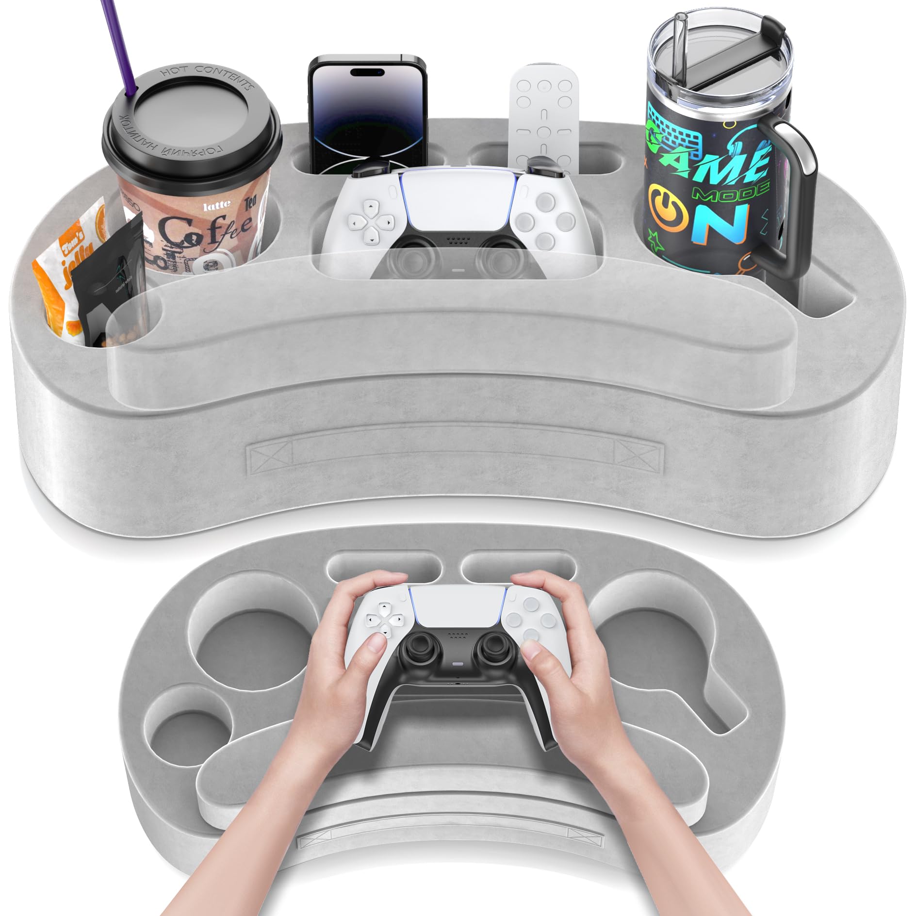 LVVIL Couch Cup Holder Pillow Tray with 6 Slots, Gaming Pillow Couch Cupholder Tray with Armrest Cushion, Couch Caddy & Buddy with Drink, Controller, Remote, Phone Holder, Gaming Snack Holder