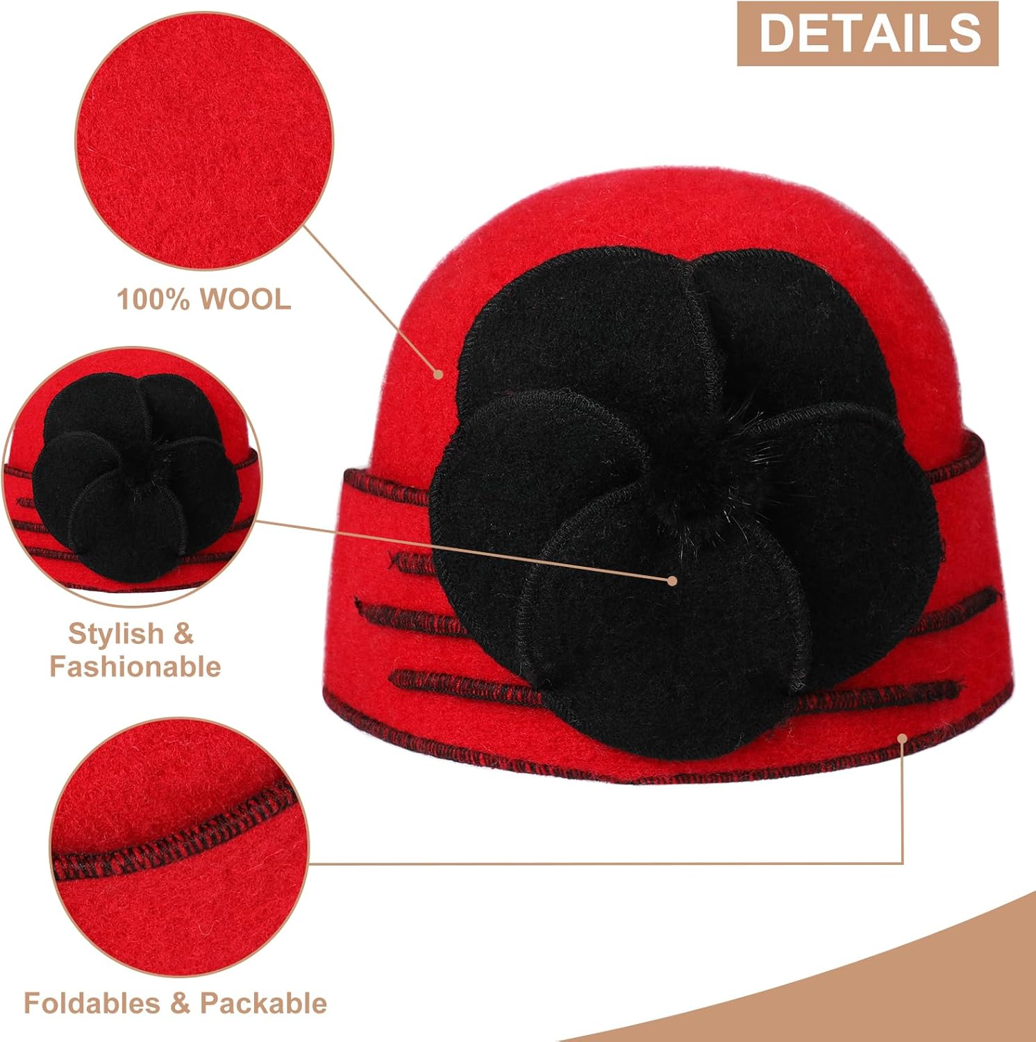 Sumolux Beanie Hats for Women Wool Skull Cap Beret Floral Cuffed French Vintage Dress Cloche Classic Winter 1920s - Image 4