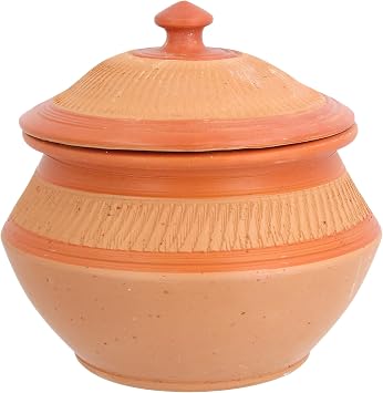 Clay Handi Earthen Pot with Lid Terracotta Biriyani Curry Balti Serving Pot Curd Handi Pot Deep Round Clay Indian Hand Made Traditional Mitti Pot Decorative Brown, 1.25 Litre