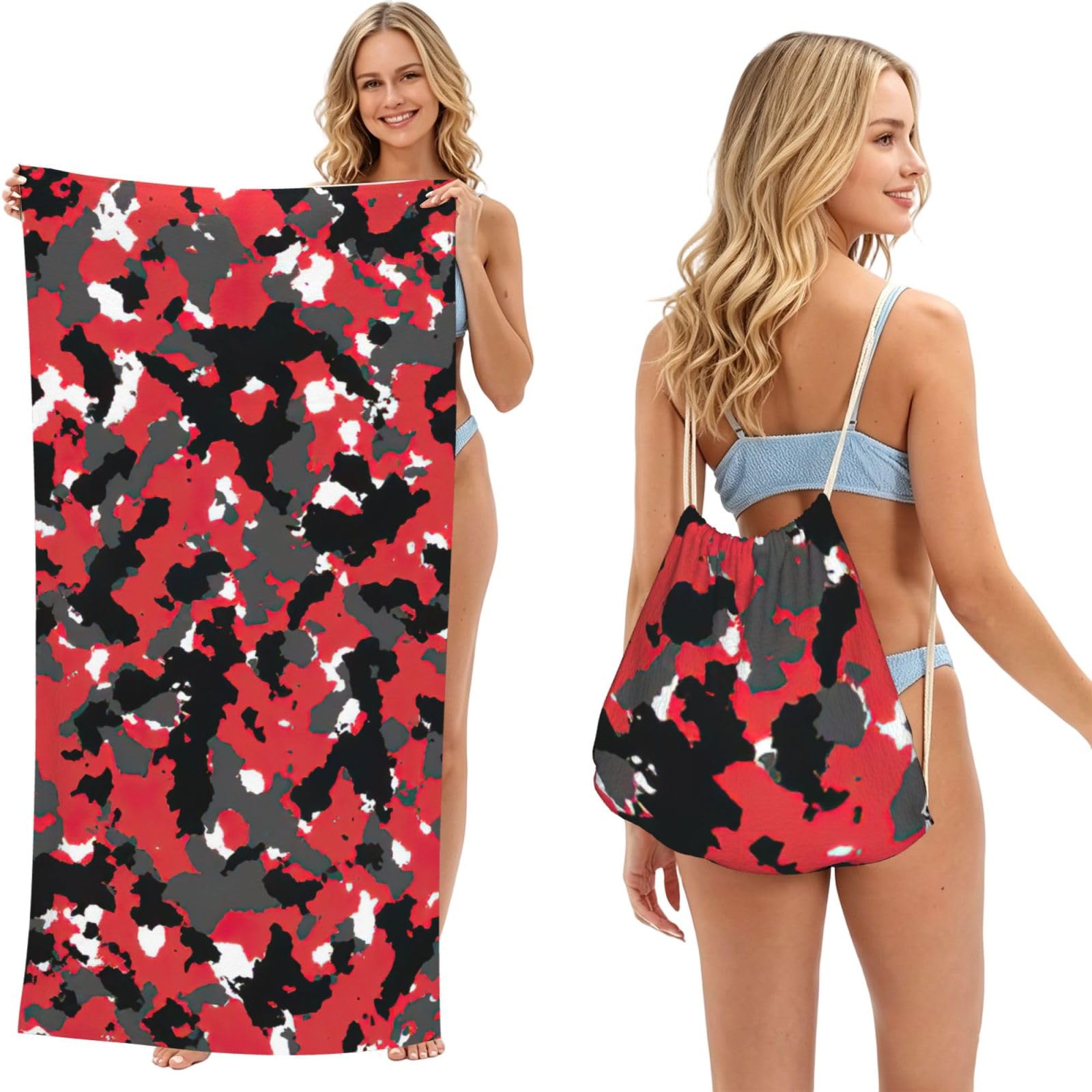 LMNvbz Camo Print 2 In 1 Packable Beach Towel Bag, Quick Dry Backpack Microfiber Mat For Camping, Travel, Vacation, Cruise, And Picnic