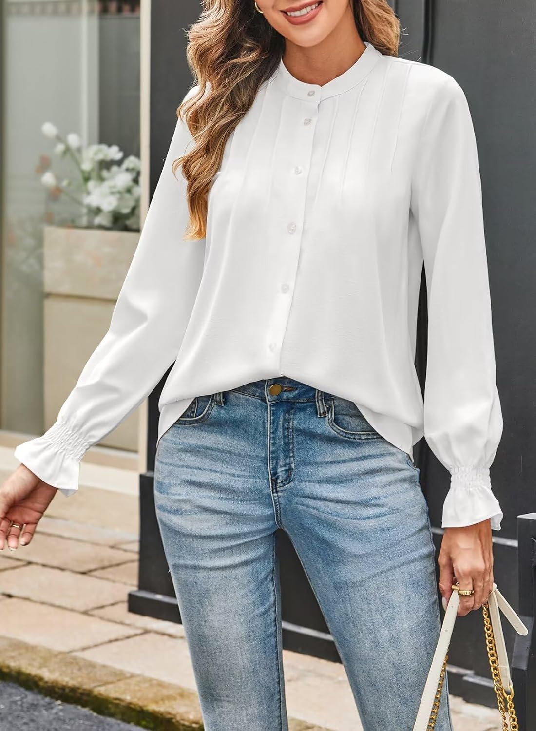 Astylish Women's Casual Blouses Button-Down Business Work Tops Long Sleeve Mandarin Neck Pleated Shirts 2025 Fall Outfits - Image 7