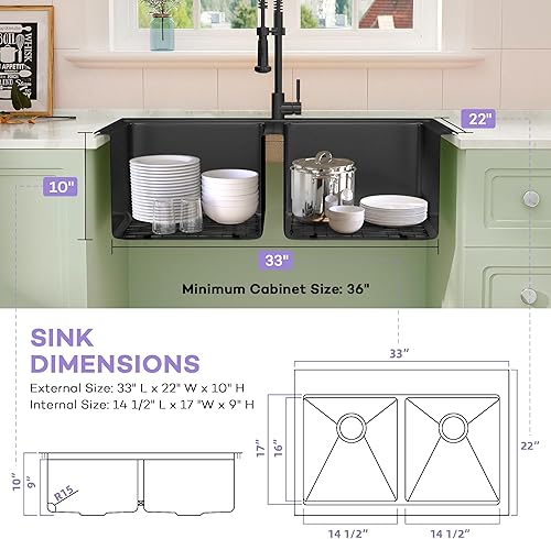 Vista 96 de LQS Fregadero de cocina dorado de 31 pulgadas, fregadero de cocina de acero inoxidable 50/50 de 31 x 18 pulgadas, fregadero de cocina de acero