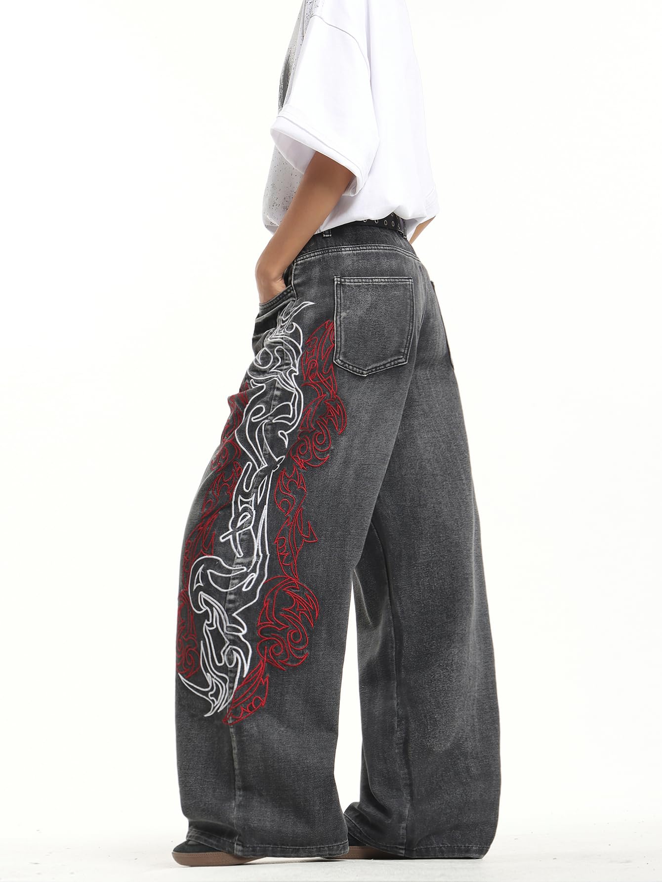 Jeans da uomo con ricamo, hip hop, skater, gamba larga, pantaloni in denim Y2K Streetwear