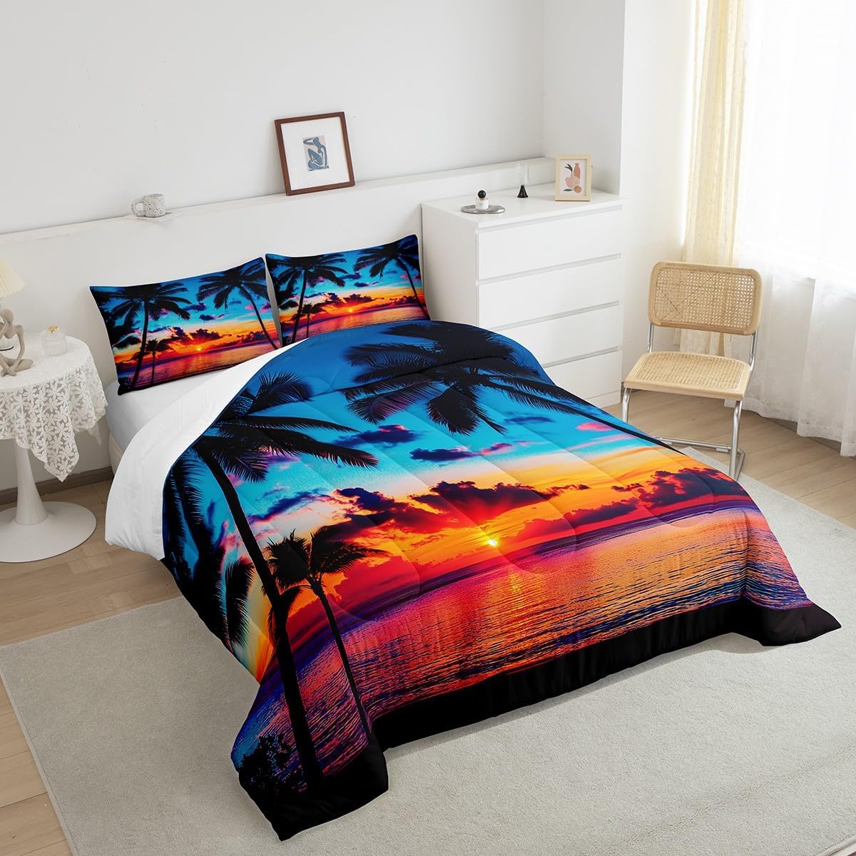 Feelyou Ocean Beach Themed Bedding Set Queen Size,Tropical Sunset Beach with Palm Trees Comforter Set,Peaceful Sea Marine Palm Tree Comforter Bright Hawaii Style Duvet Set 1 Comforter 2 Pillowcase