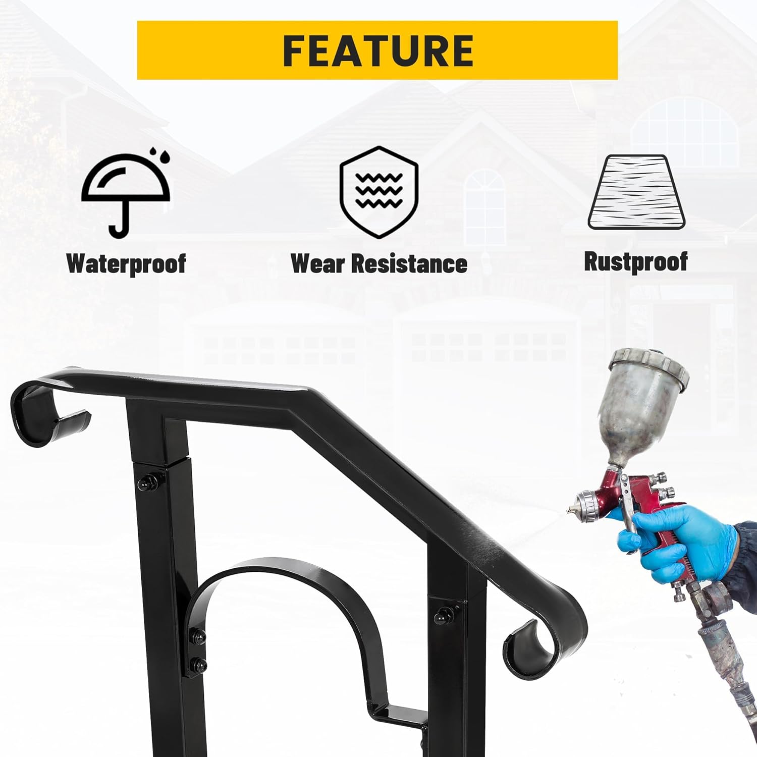 KUAFU Handrails for Outdoor Steps, Fits 1 to 2 Steps Transitional Hand Rail, Black Outdoor Stair Railing, Steel Porch Steps Railing